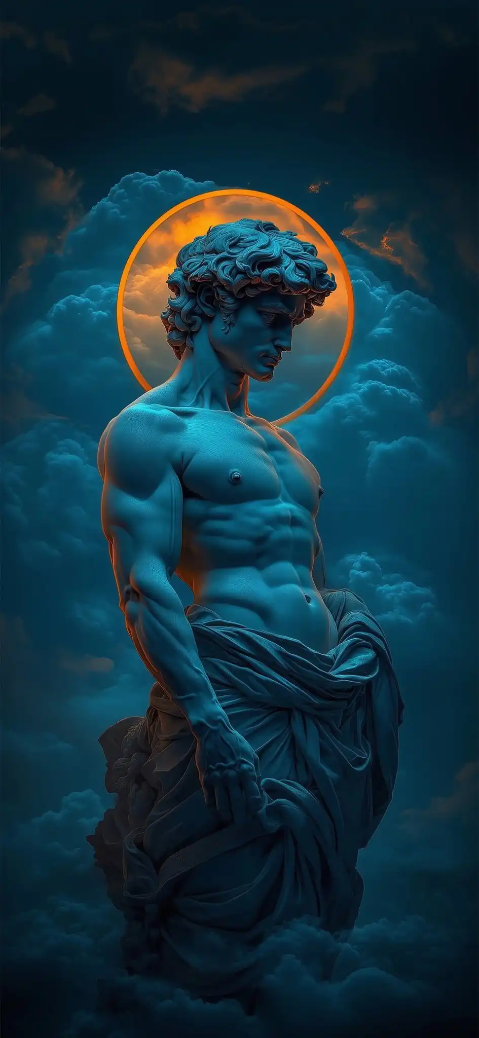 Blue David Statue Golden Halo Dramatic