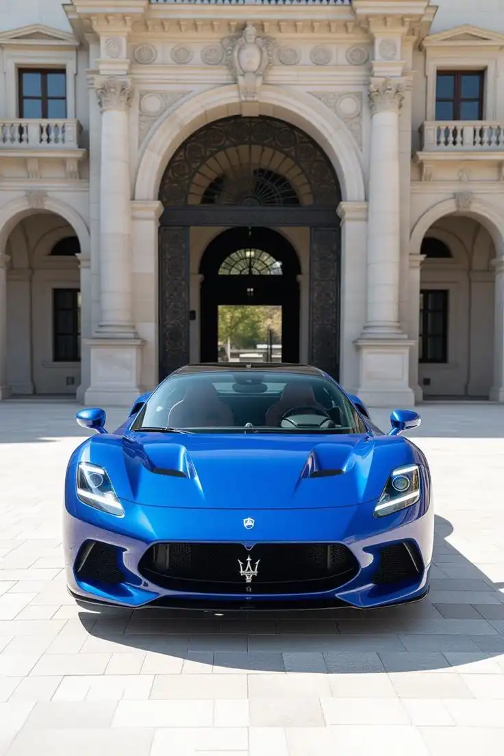 Blue Maserati MC20 Supercar in front of Luxury Mansion