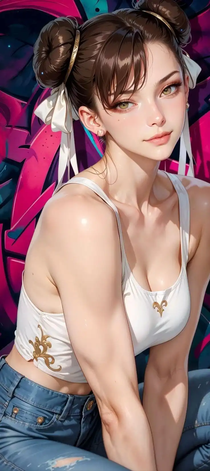 Brown Hair Space Buns White Crop Top Graffiti 4K