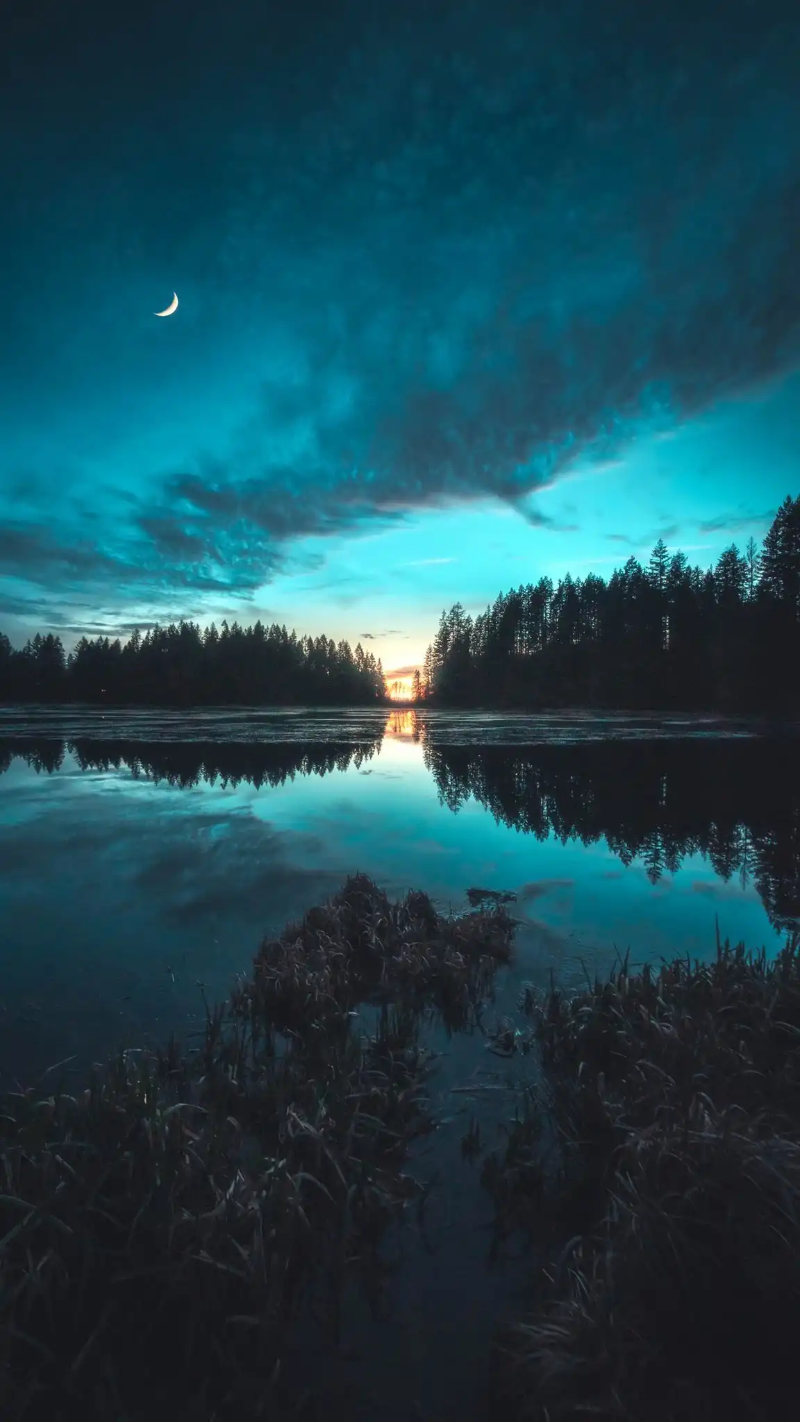 Crescent Moon Over Forest Lake at Dusk