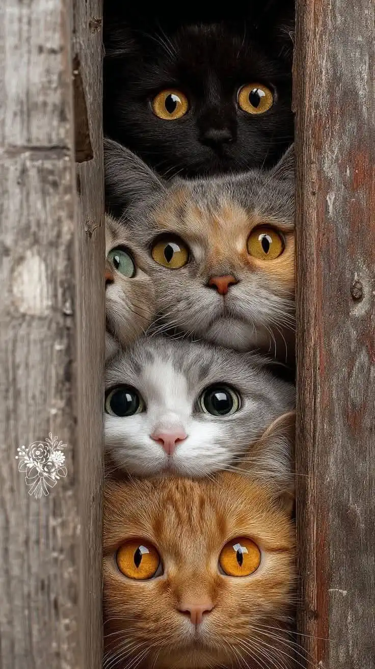 Curious Cats Peeking Through Wooden Fence