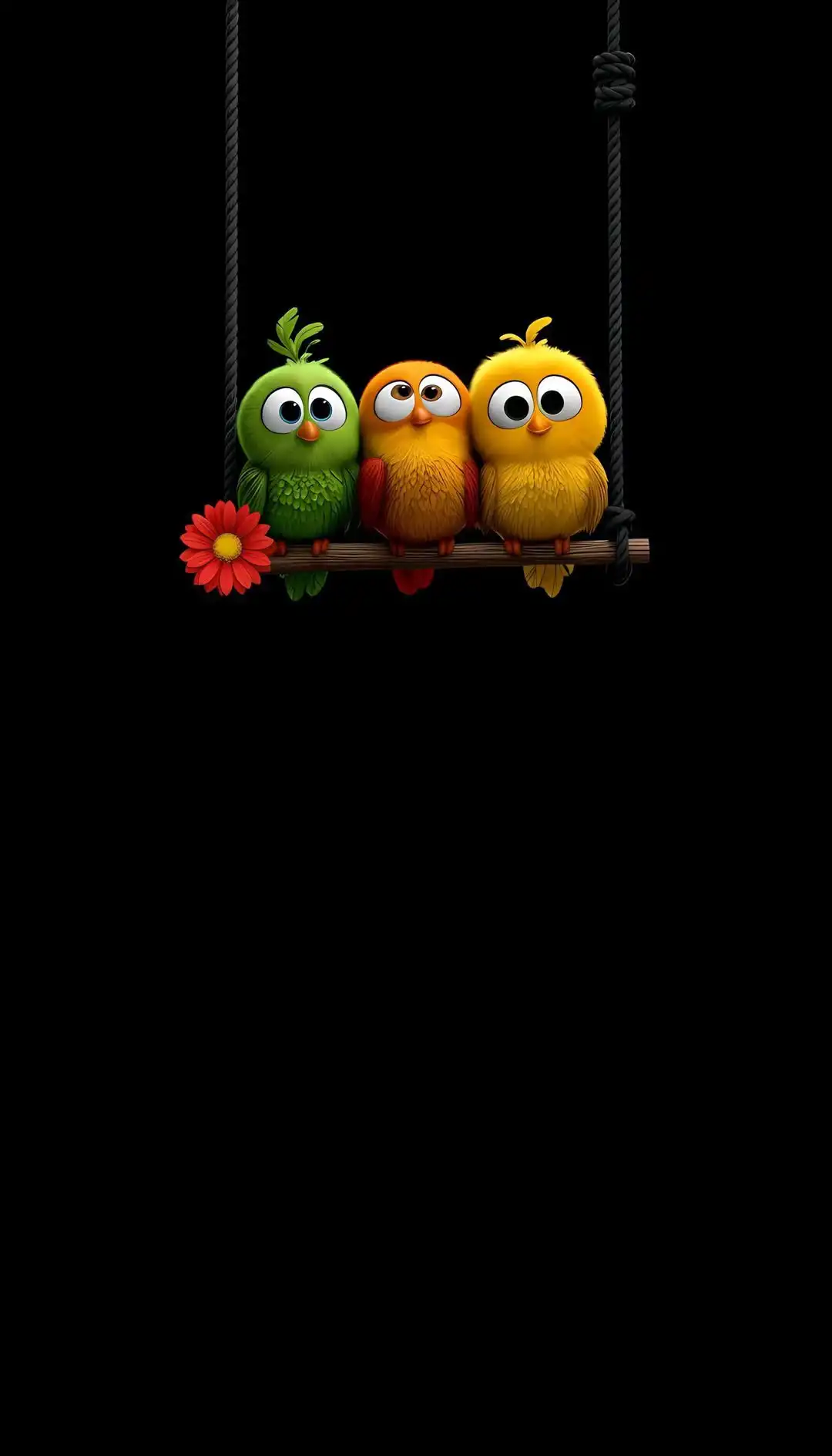 Cute Green Orange Yellow Birds Swing Red Flower 4K