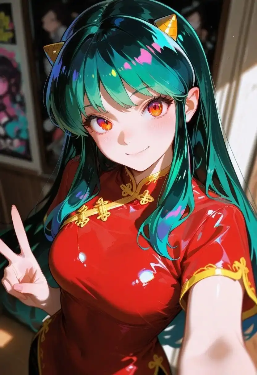 Cute Teal Hair Cat Ears Qipao Selfie 4K