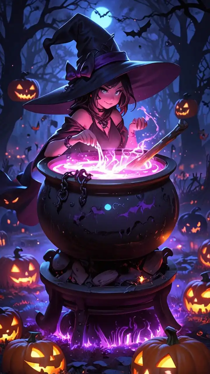 Cute Witch Stirring Purple Cauldron in Pumpkin Forest