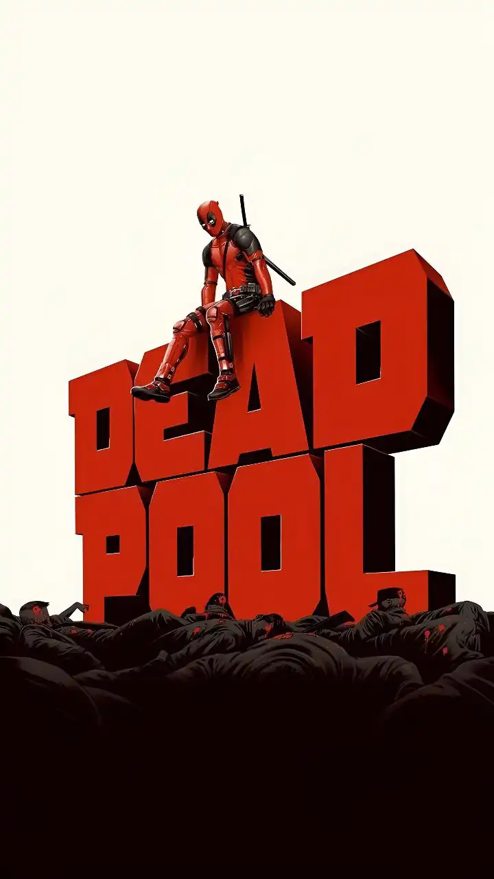 Deadpool Sitting on Logo Merc Bloodbath 4K