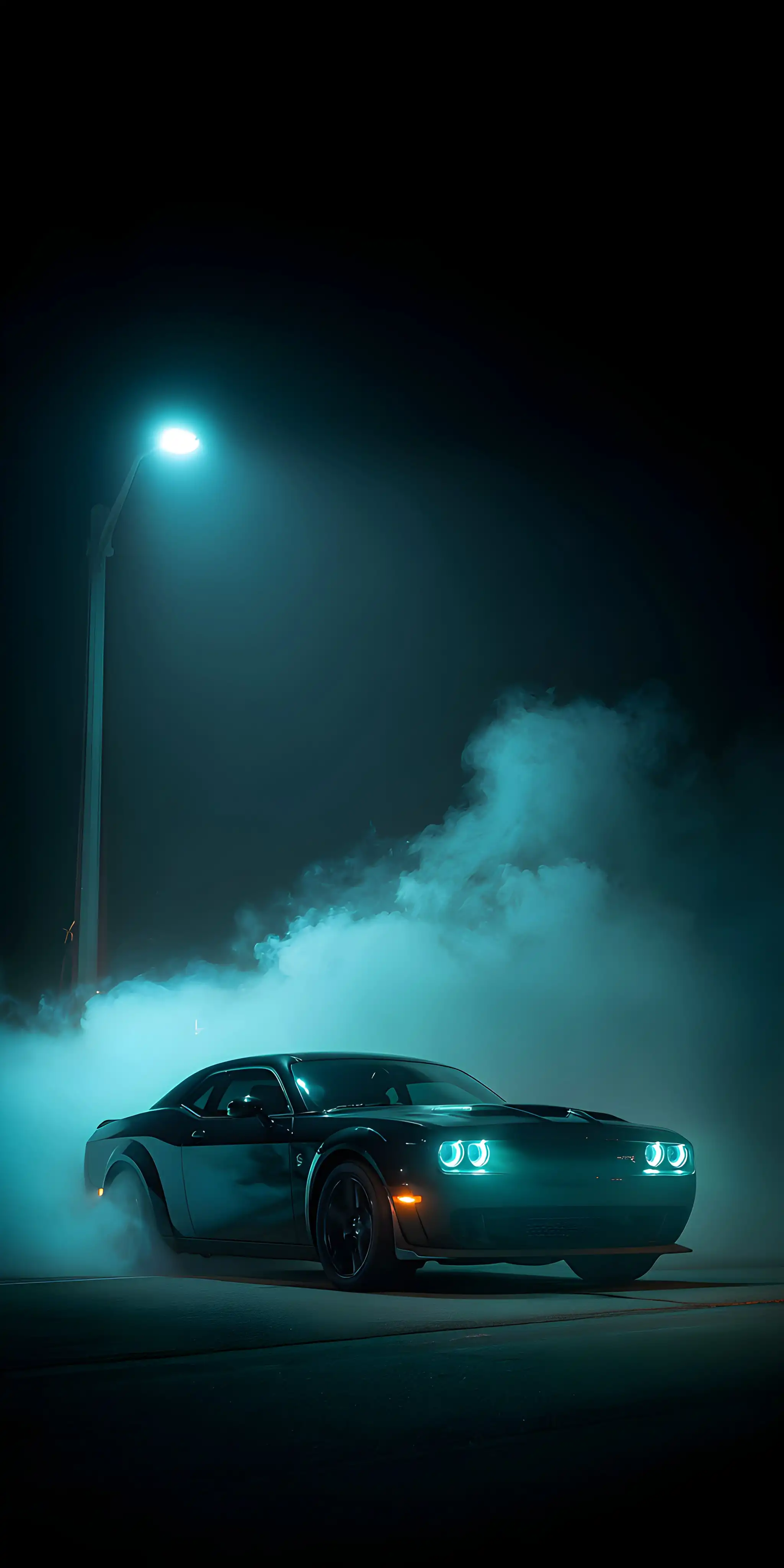 Dodge Challenger Hellcat Night Smoke Blue Lights 4K
