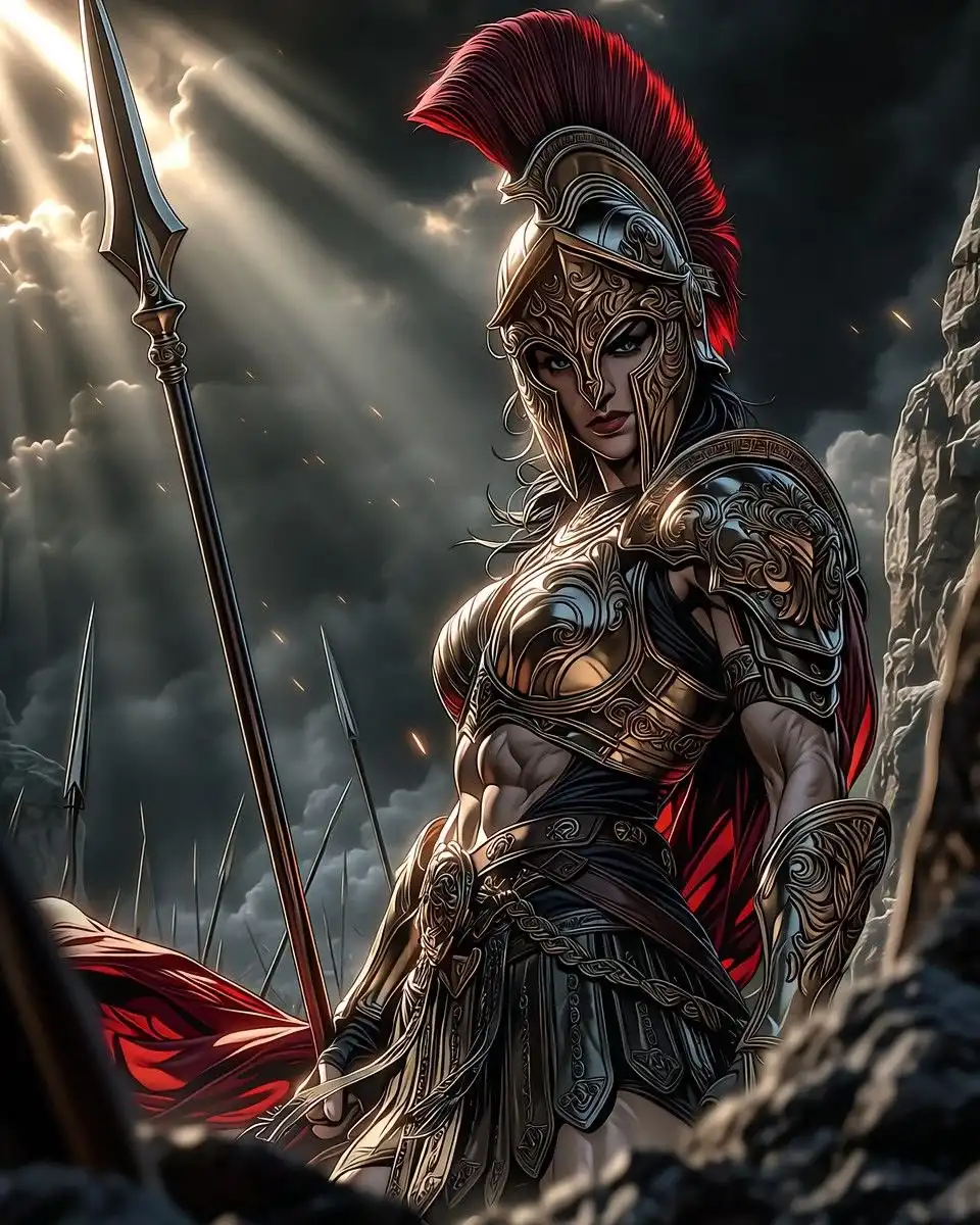 Epic Female Spartan Warrior Spear Dramatic Light 4K