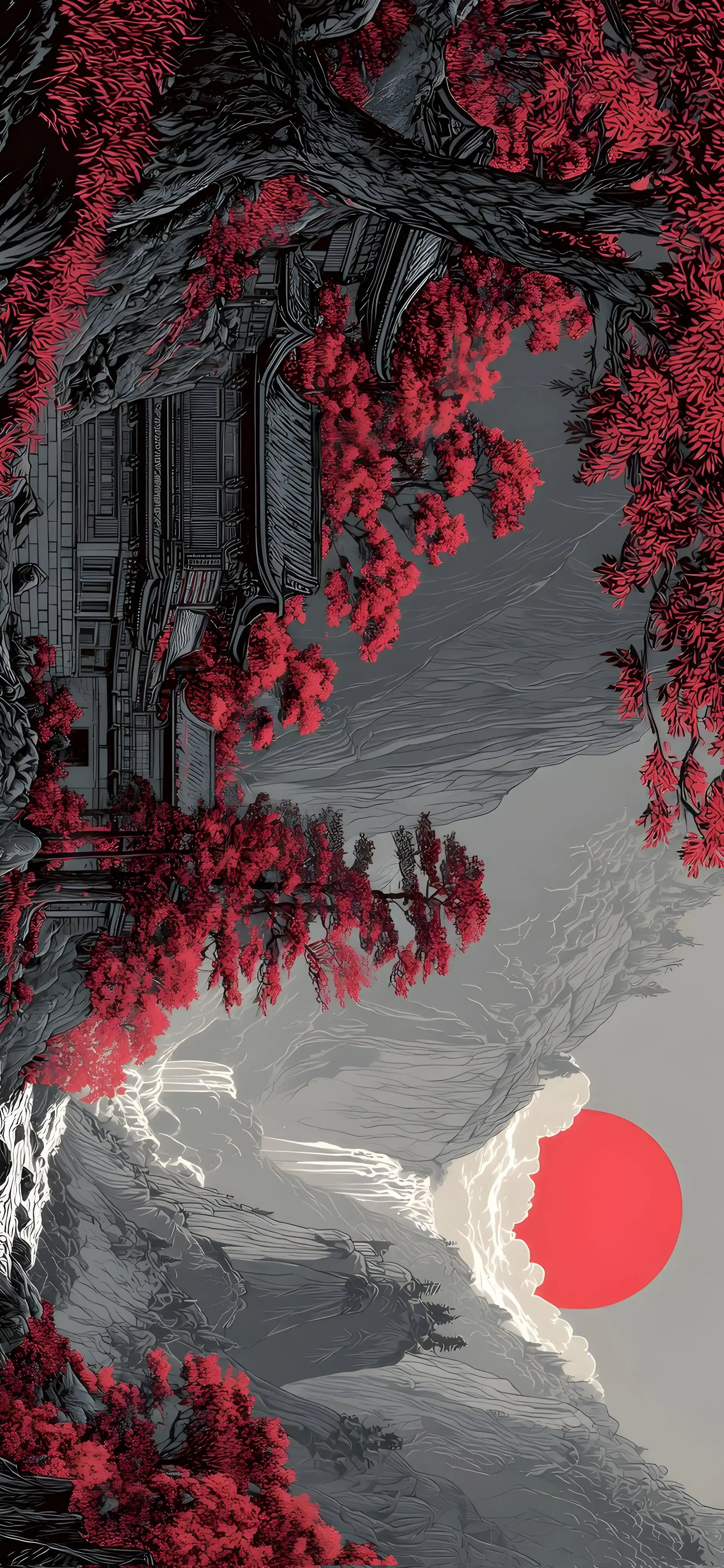 Epic Red Temple Mountain Waterfall Red Sun 4K