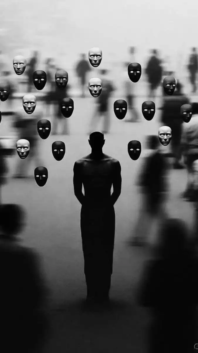 Faceless Man Surrounded by Masks Surreal