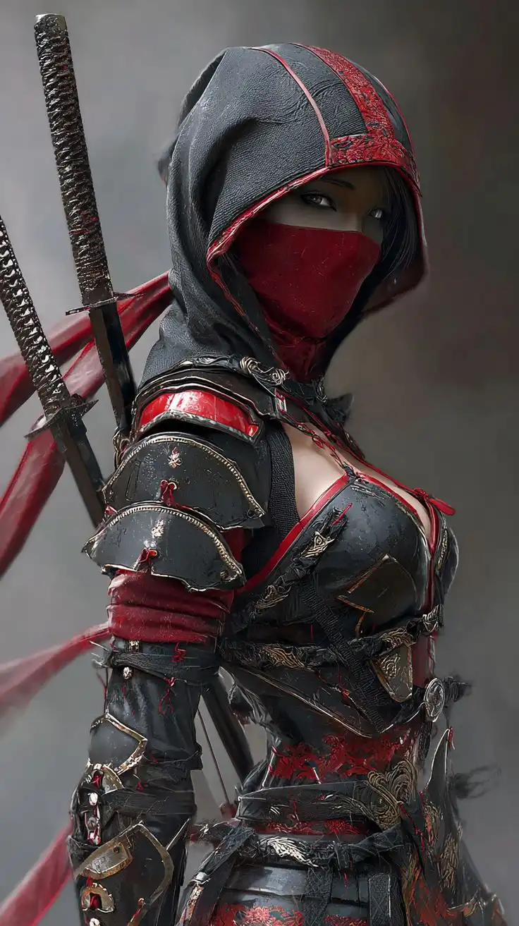 Female Assassin Ninja Warrior Red Black Armor