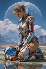 Female Astronaut on Alien Planet with Giant Moon