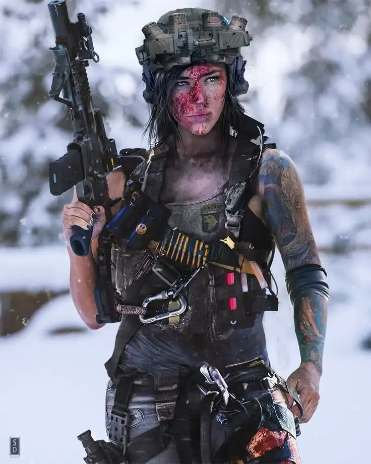 Female Operator Blood Camo Rifle Snow Assault 4K