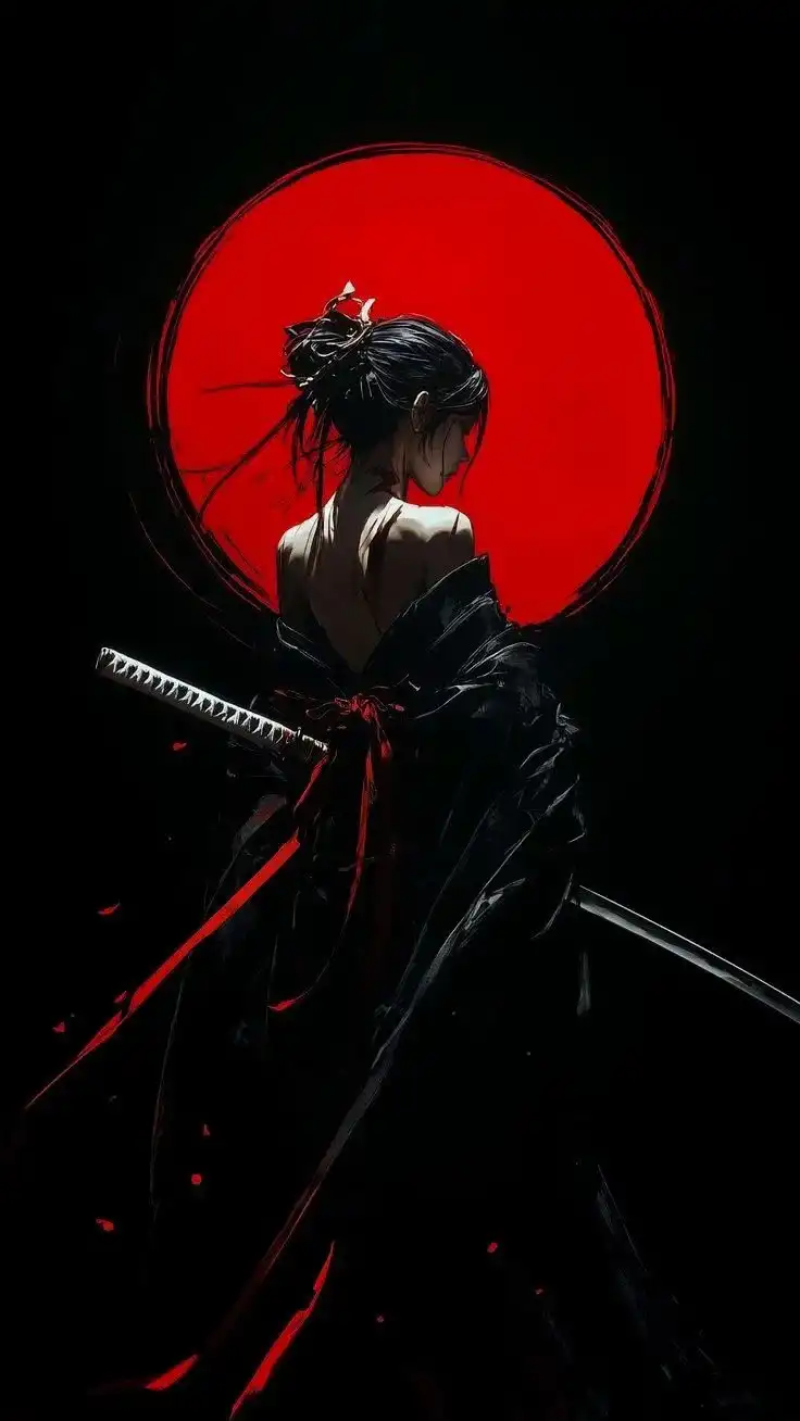 Fierce Female Samurai Red Moon Katana 4K