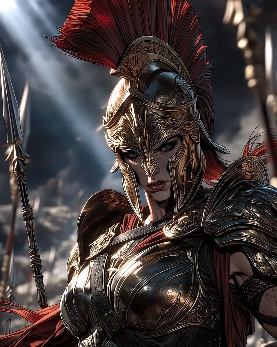 Fierce Female Spartan Warrior Golden Helmet 4K