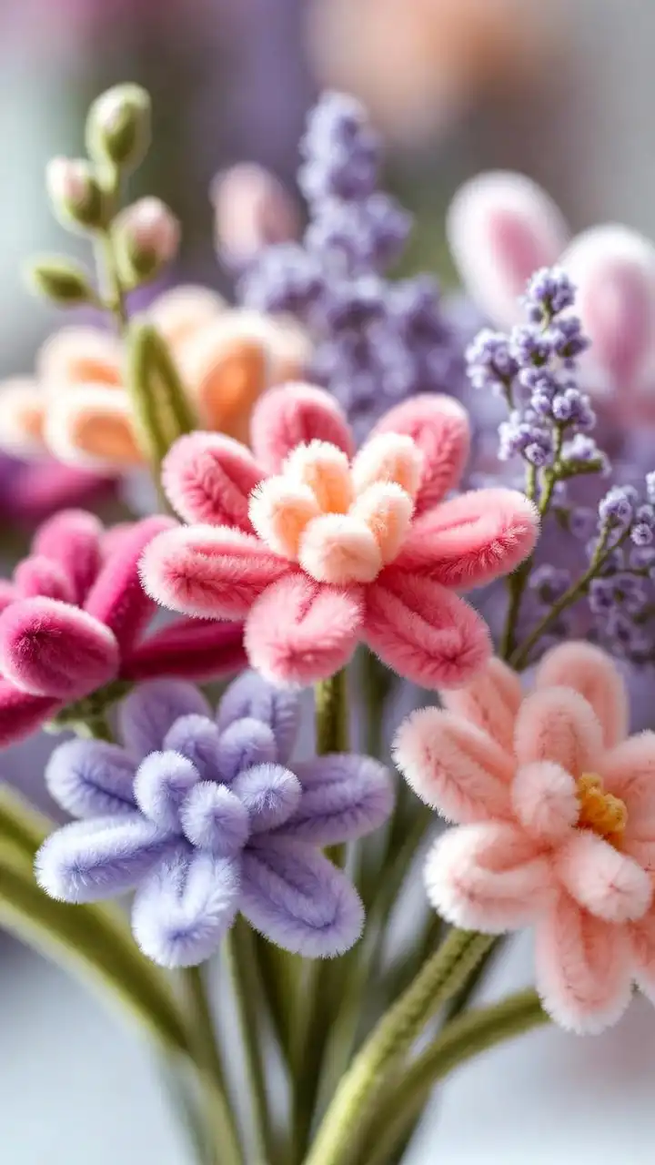 Fluffy Pipe Cleaner Pastel Flowers Bouquet 4K