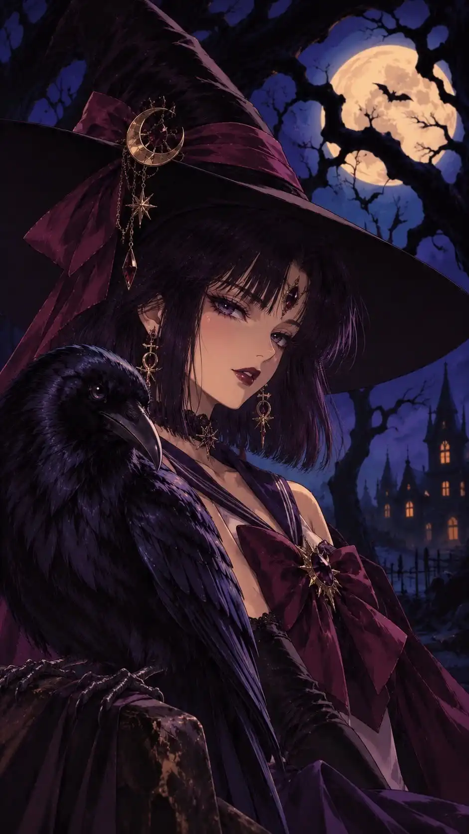 Gothic Witch with Raven Under Full Moon