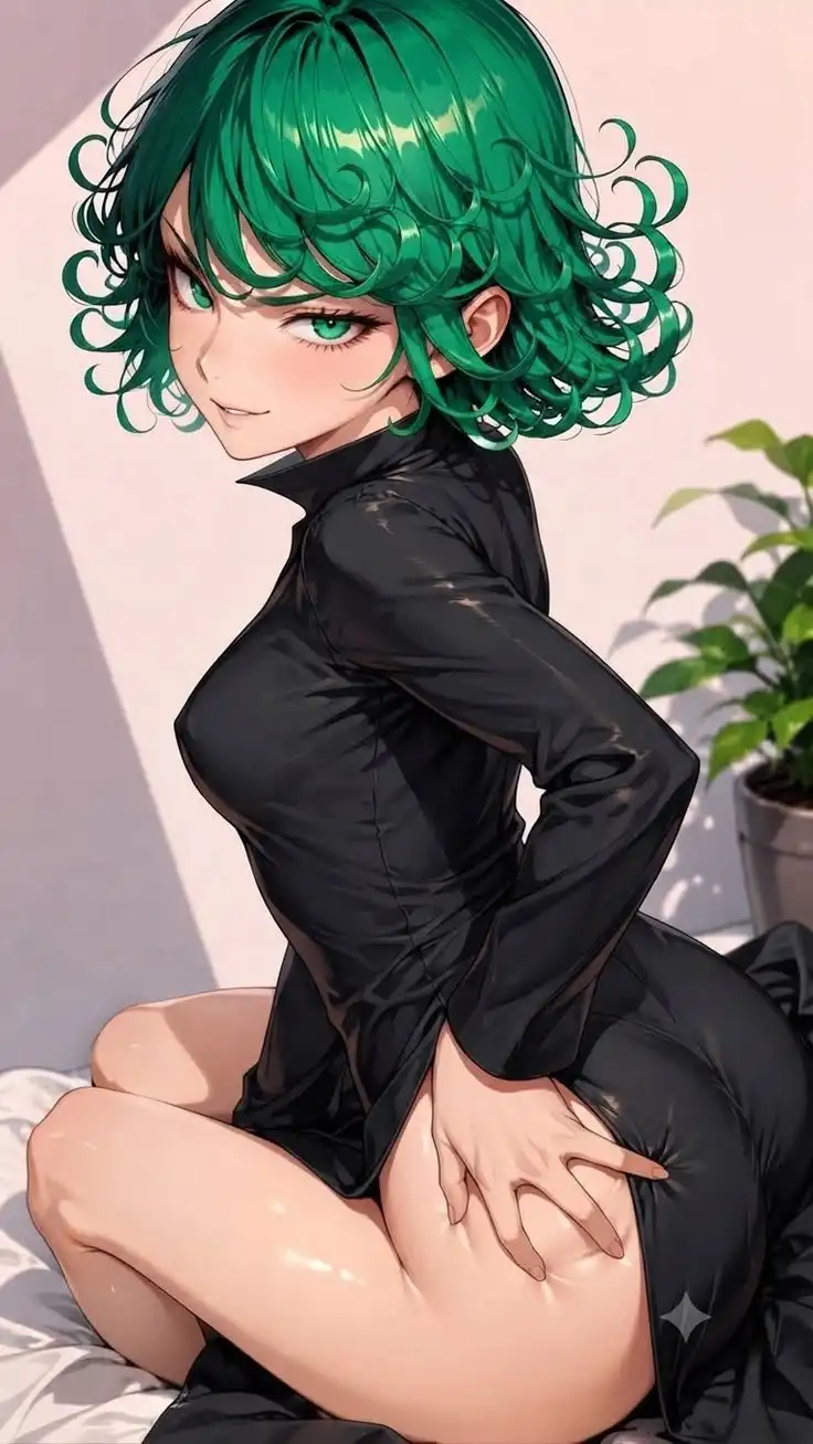 Green Hair Anime Girl Black Dress Portrait
