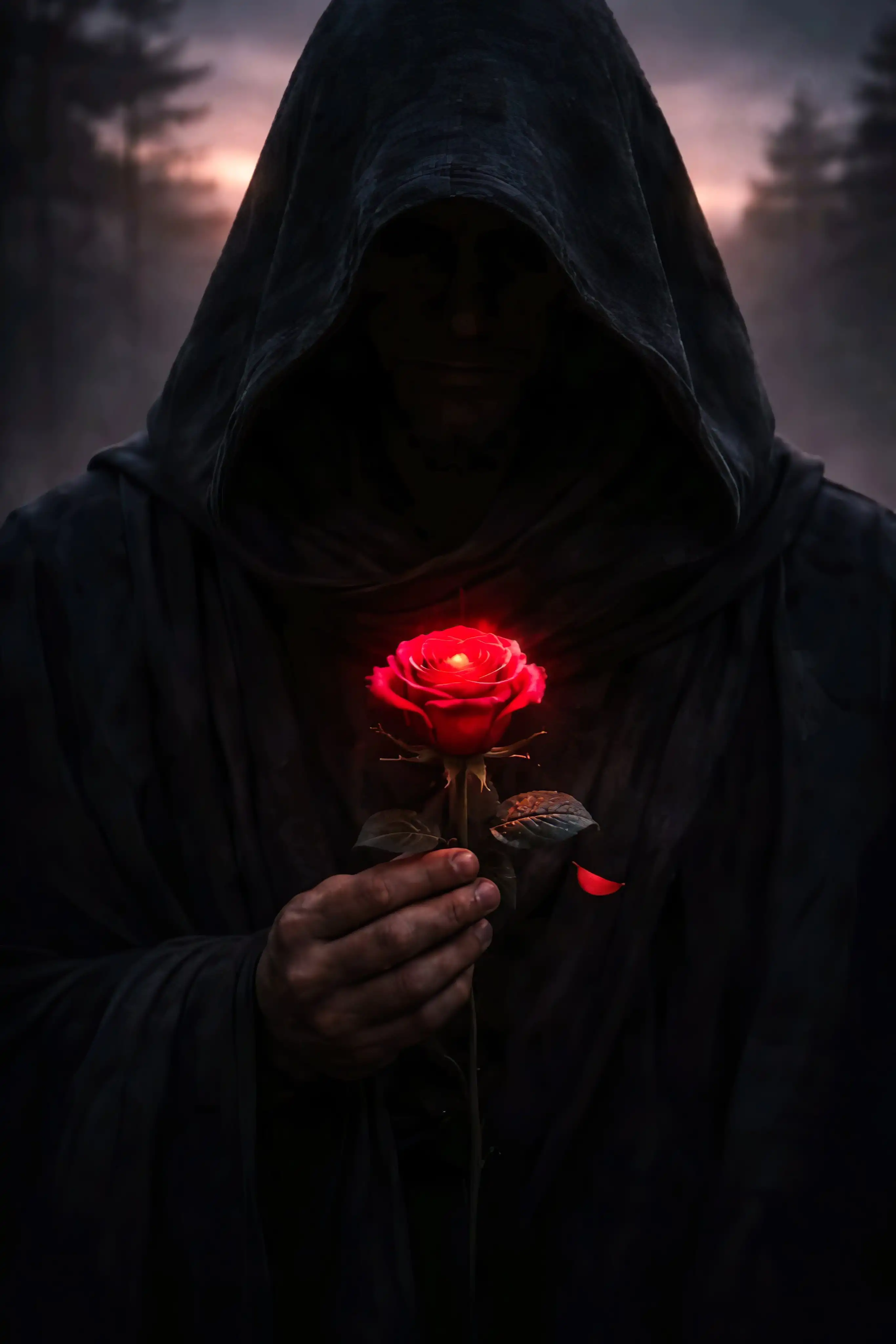 Grim Reaper Hooded Red Rose Dark Forest Glow 4K