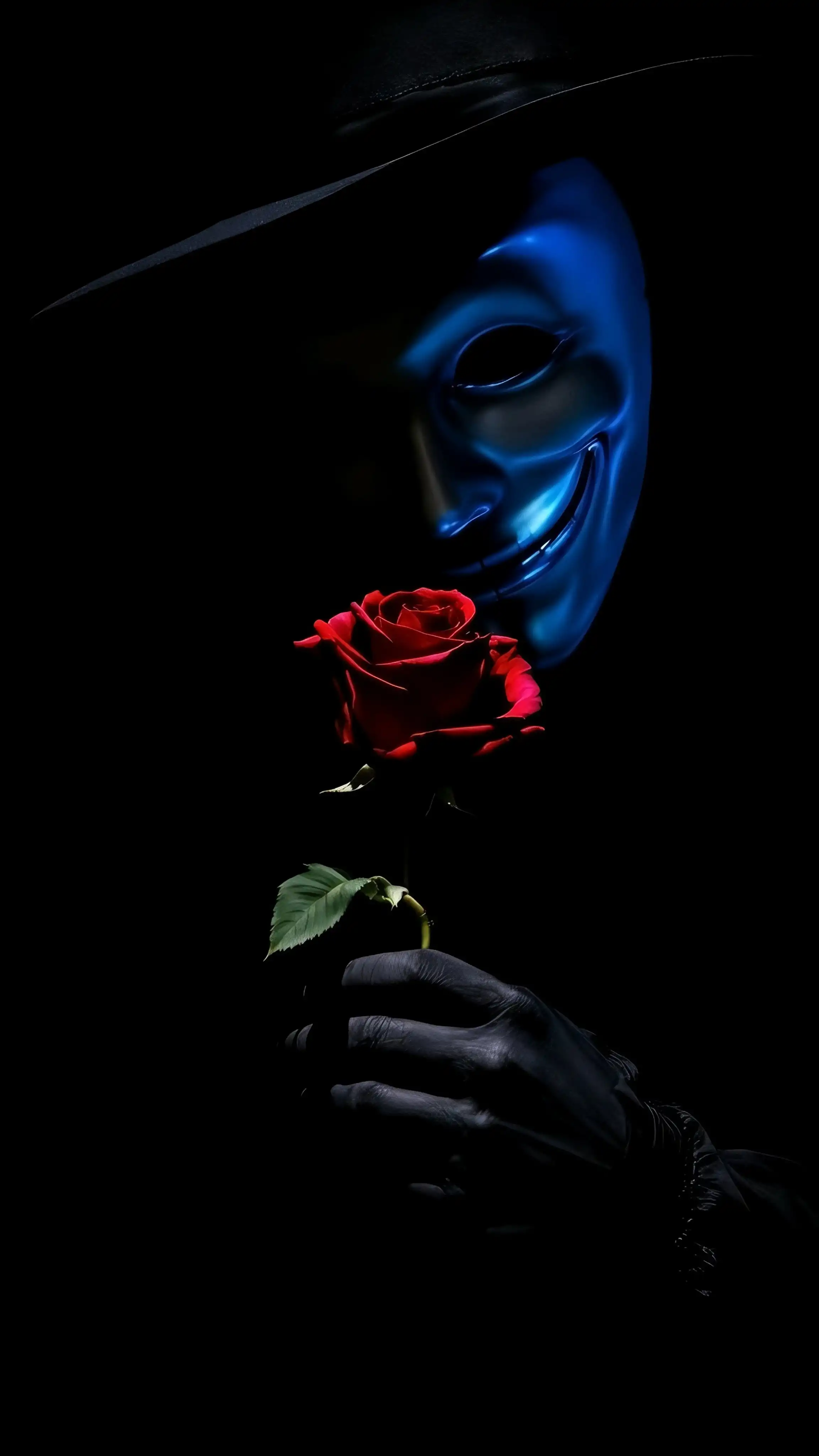 Guy Fawkes Mask Blue Glow Red Rose Dark Hood 4K