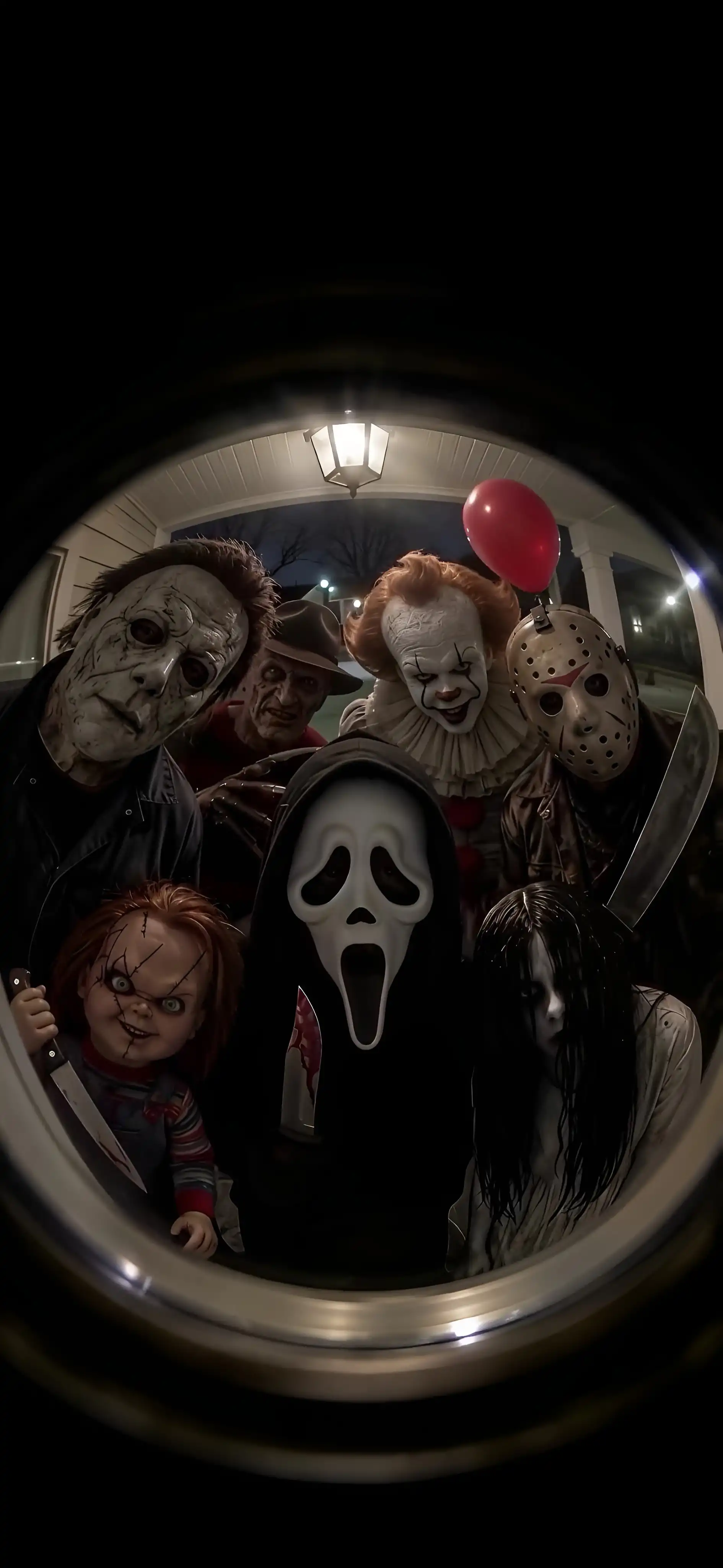 Horror Icons Group Looking Through Door Peephole
