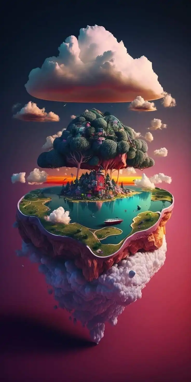 Magical Floating Island Tree Village Fantasy 4K
