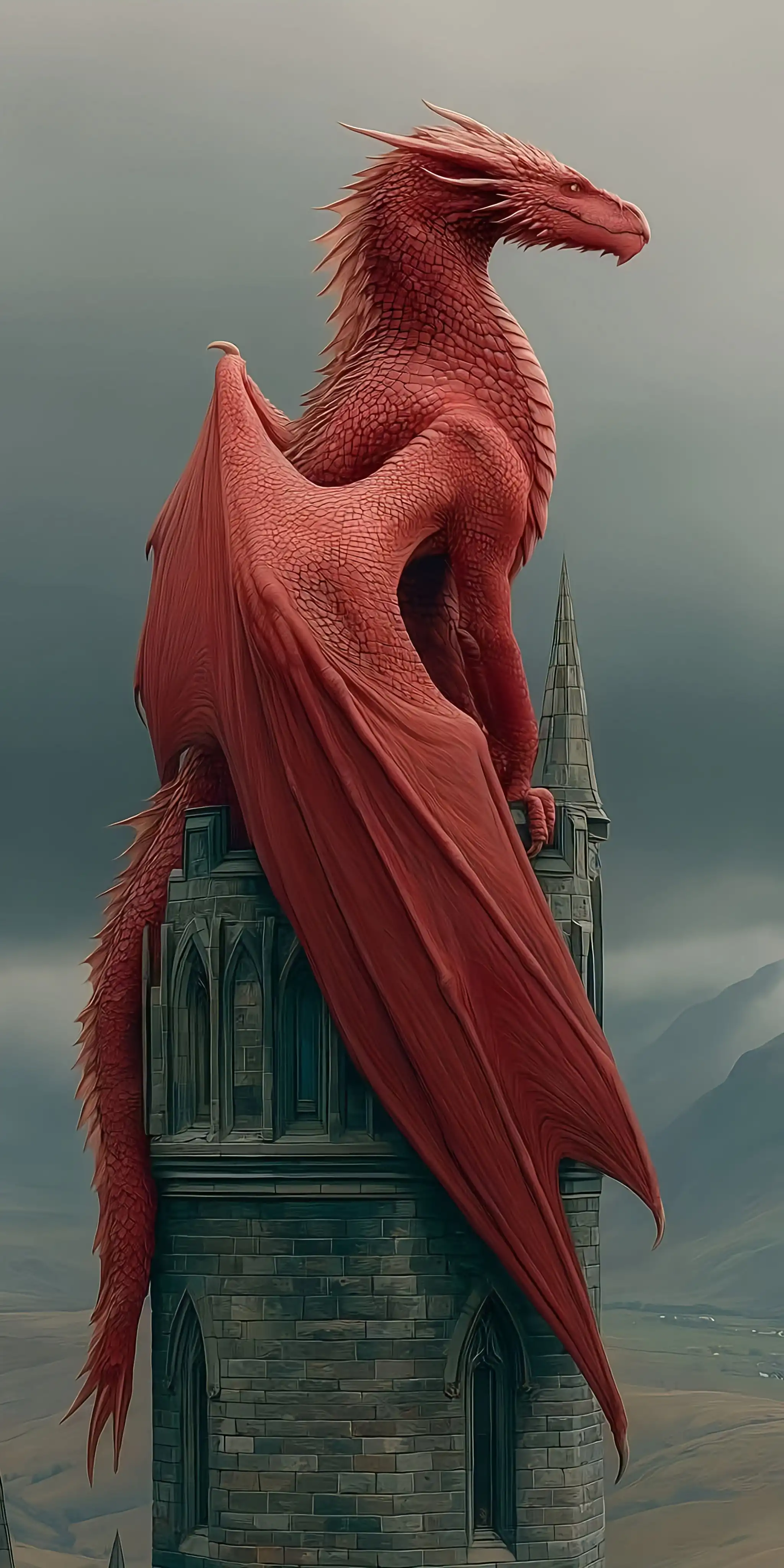 Majestic Red Dragon Perched on Medieval Tower Fantasy