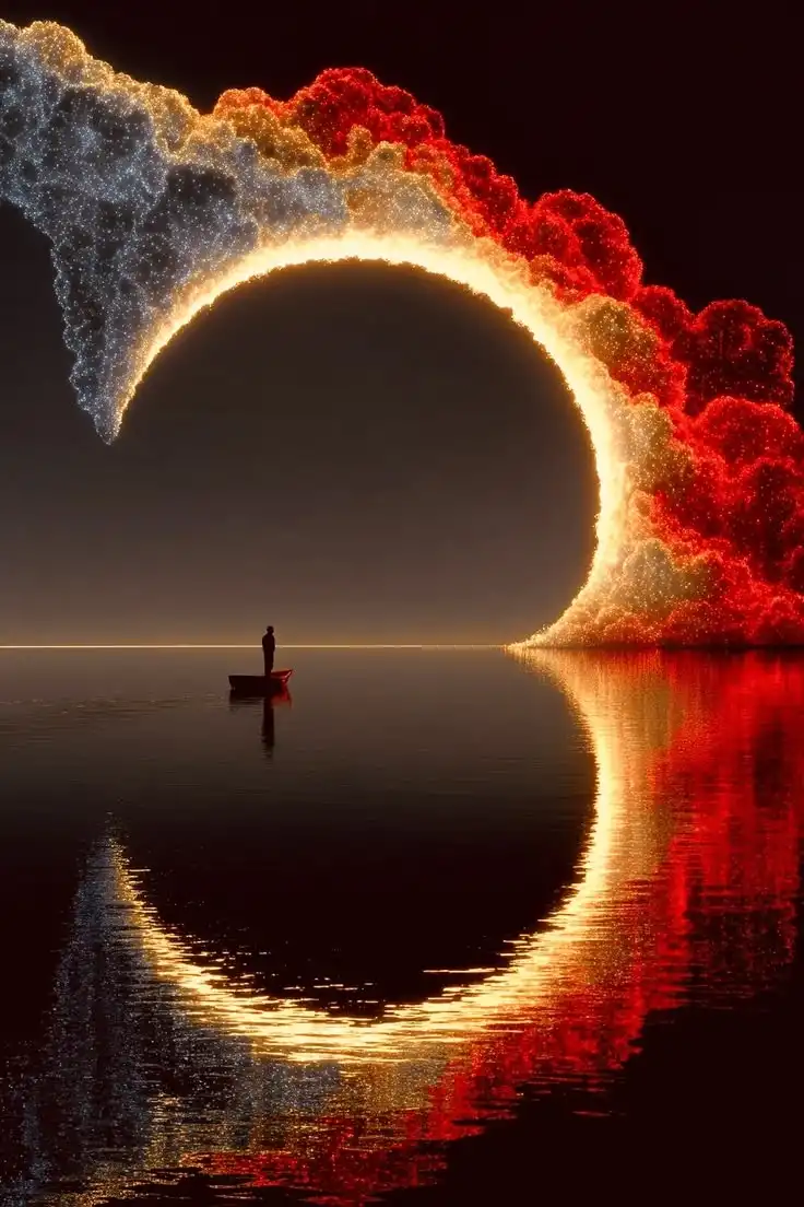Man in Boat Under Cosmic Fire Cloud Arch 4K
