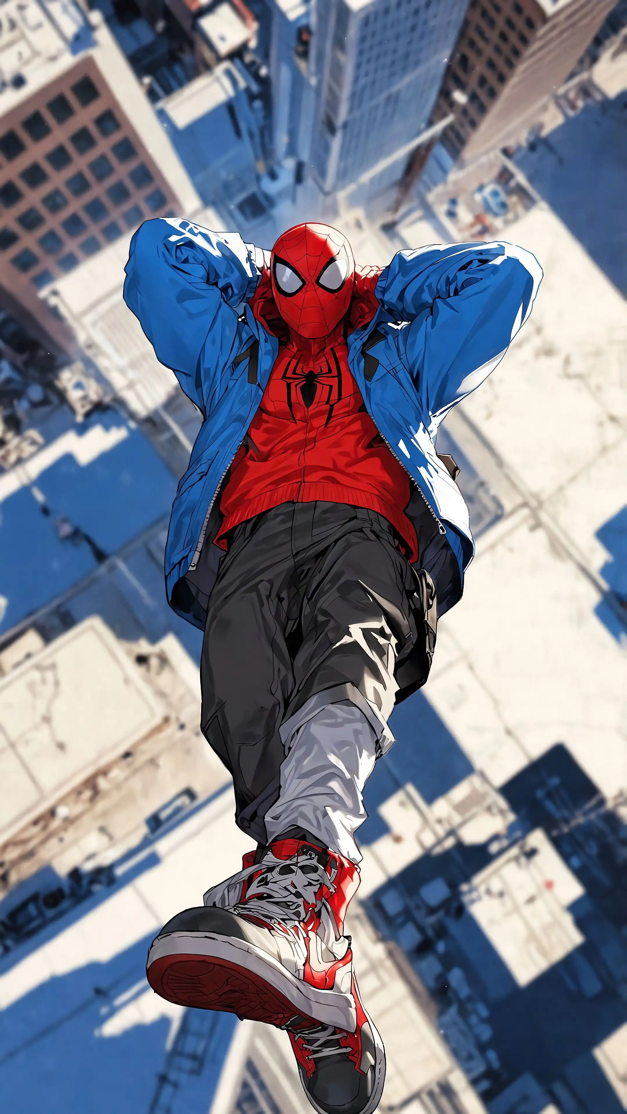 Miles Morales Spider-Man Blue Jacket Rooftop Leap 4K