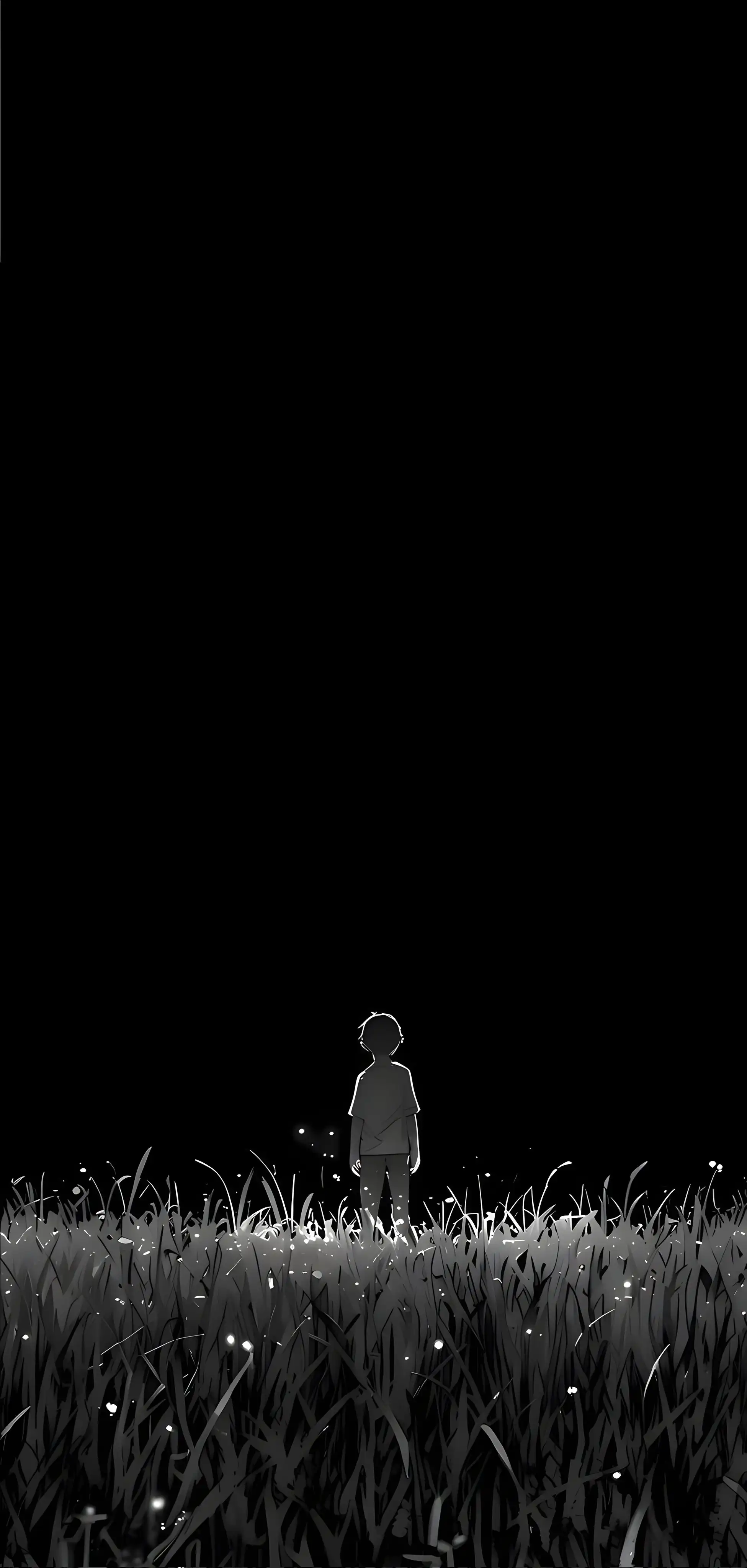 Minimal Black White Silhouette Boy Grass Night 4K
