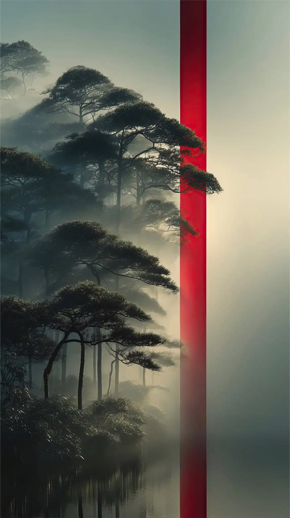 Misty Forest Red Pillar Minimal 4K