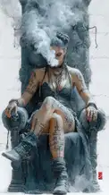 Mystic Tattooed Woman on Throne Amid Smoke
