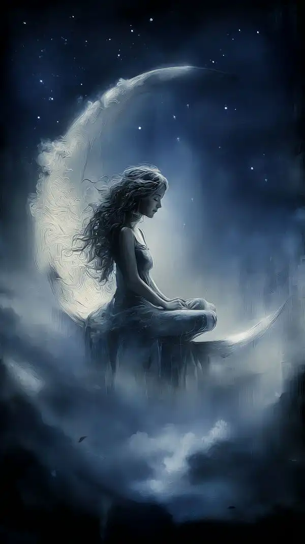 Mystical Woman Sitting on Crescent Moon 4K