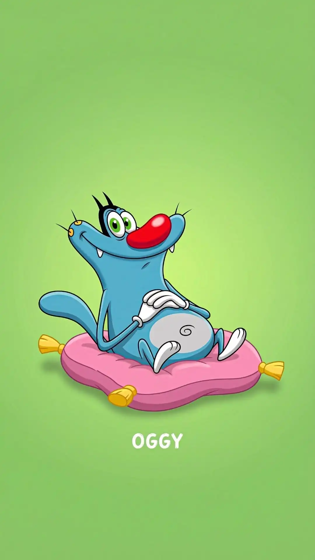 Oggy Relaxed Lazy Pose Pink Pillow Green 4K