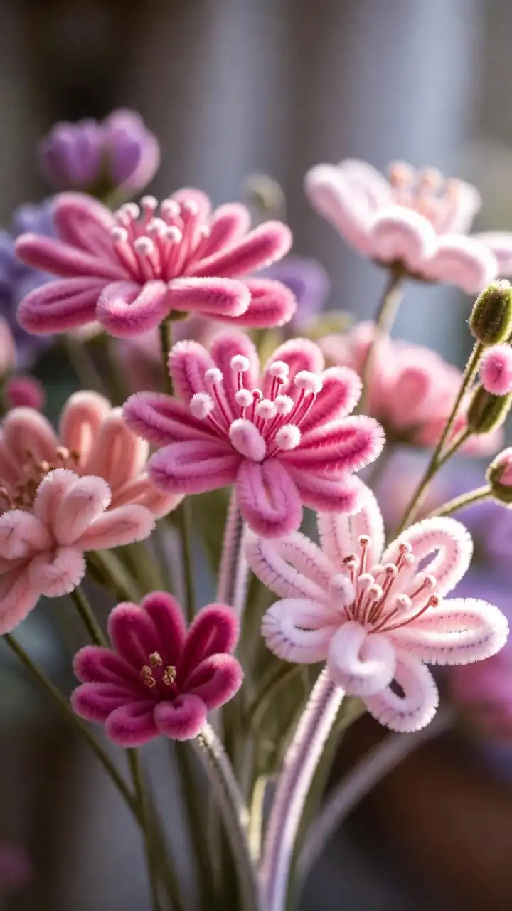 Pink Fluffy Pipe Cleaner Flowers Bouquet 4K