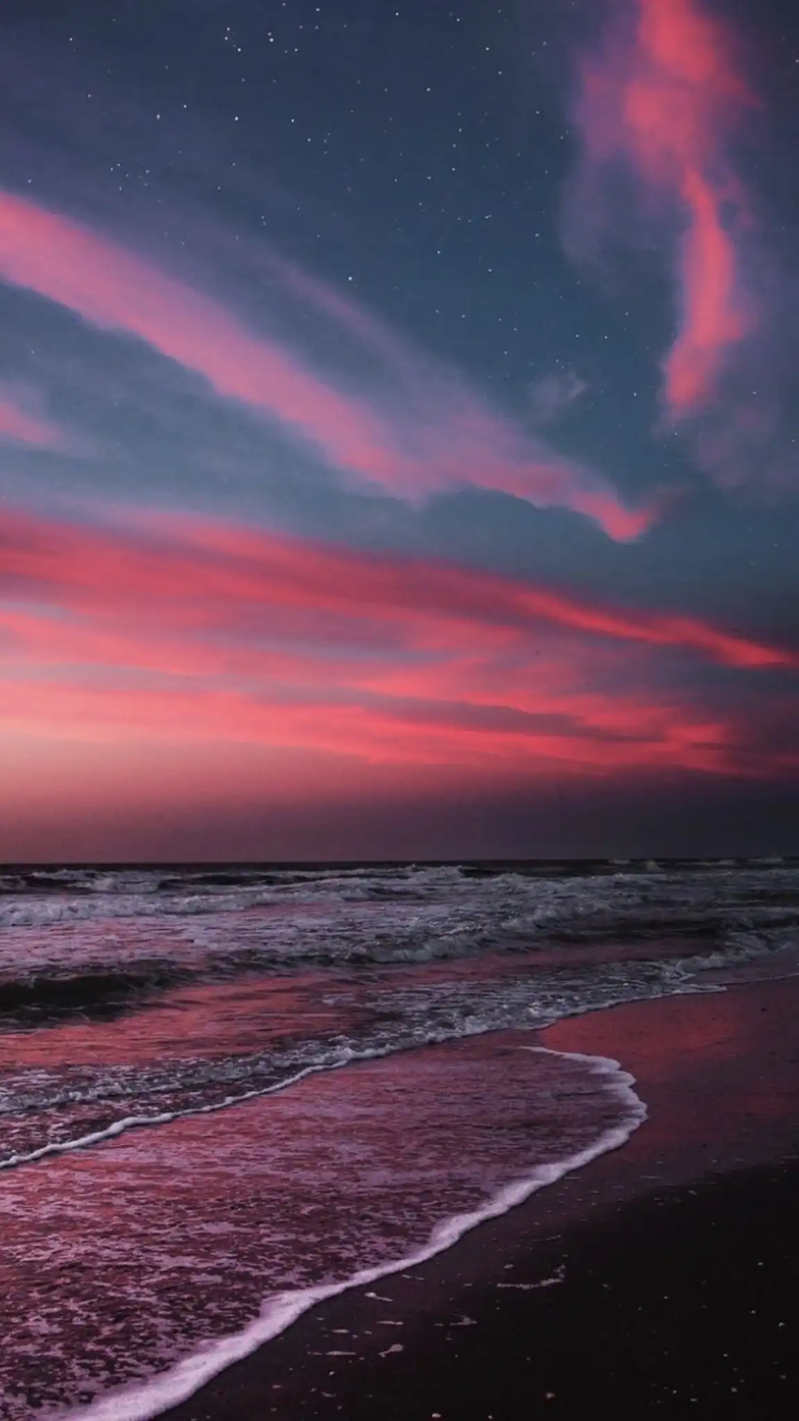 Pink Purple Sunset Beach with Starry Sky