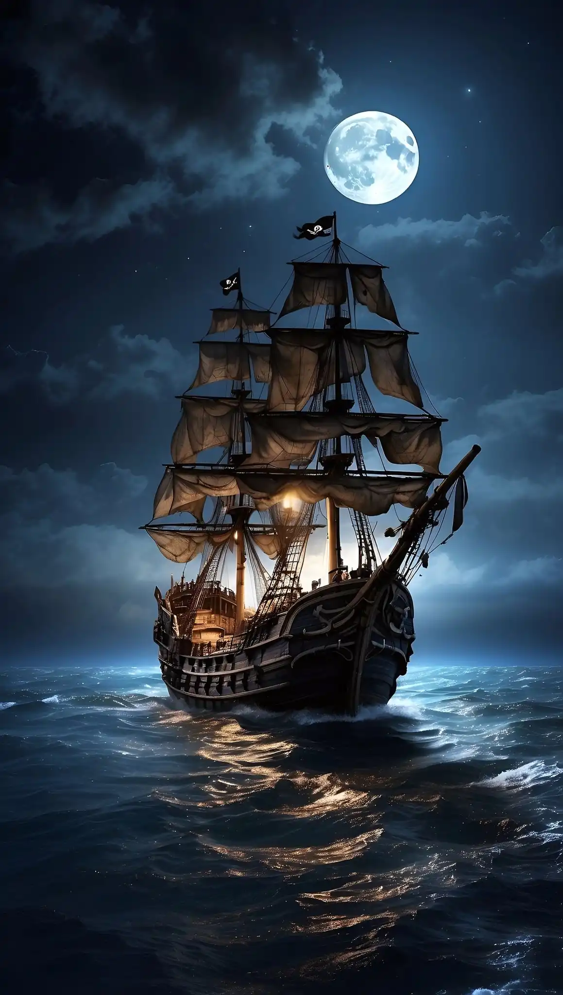 Pirate Ship Full Moon Stormy Sea