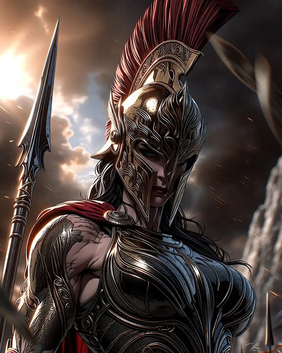 Powerful Female Spartan Warrior Spear Pose 4K