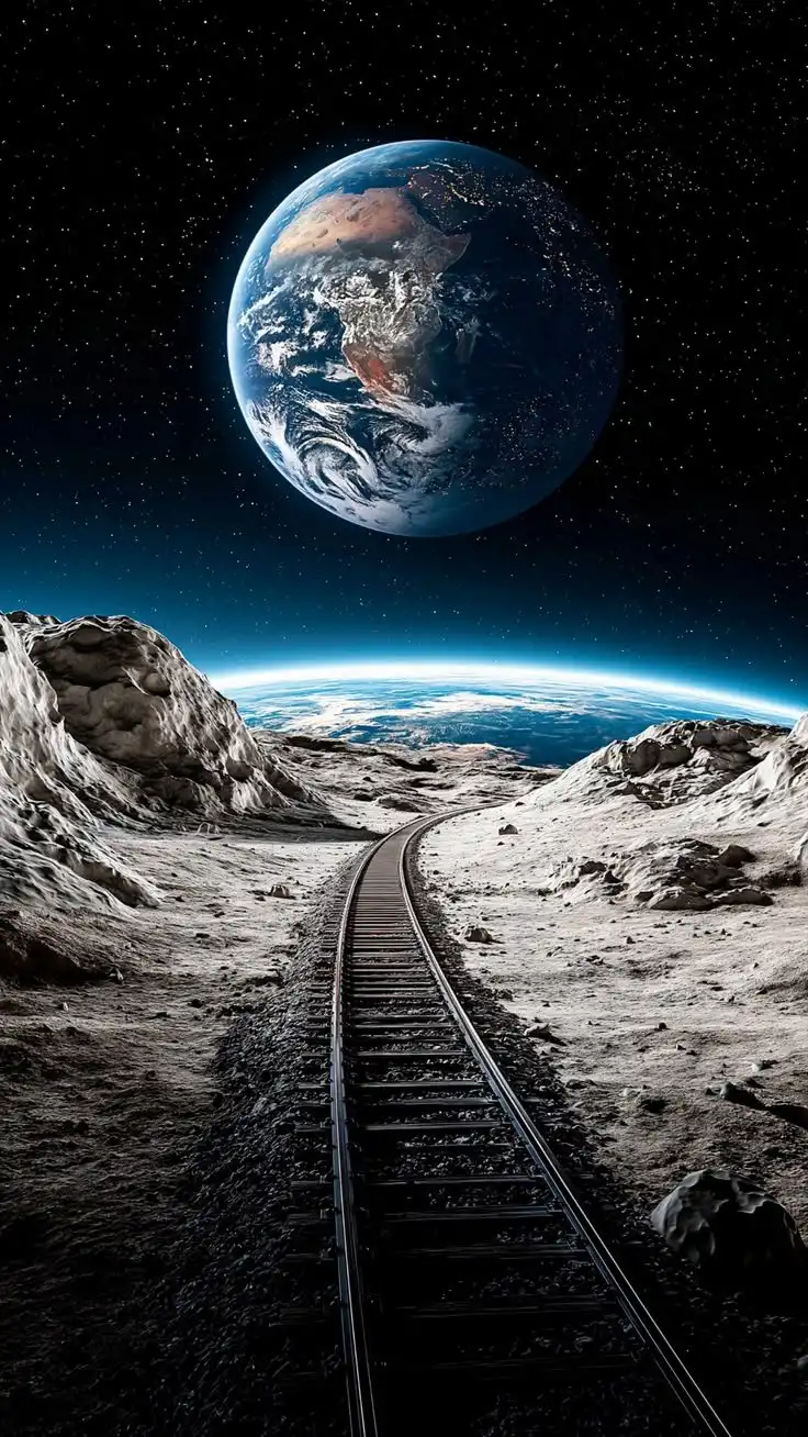 Railway to Earth from Moon Surreal Space