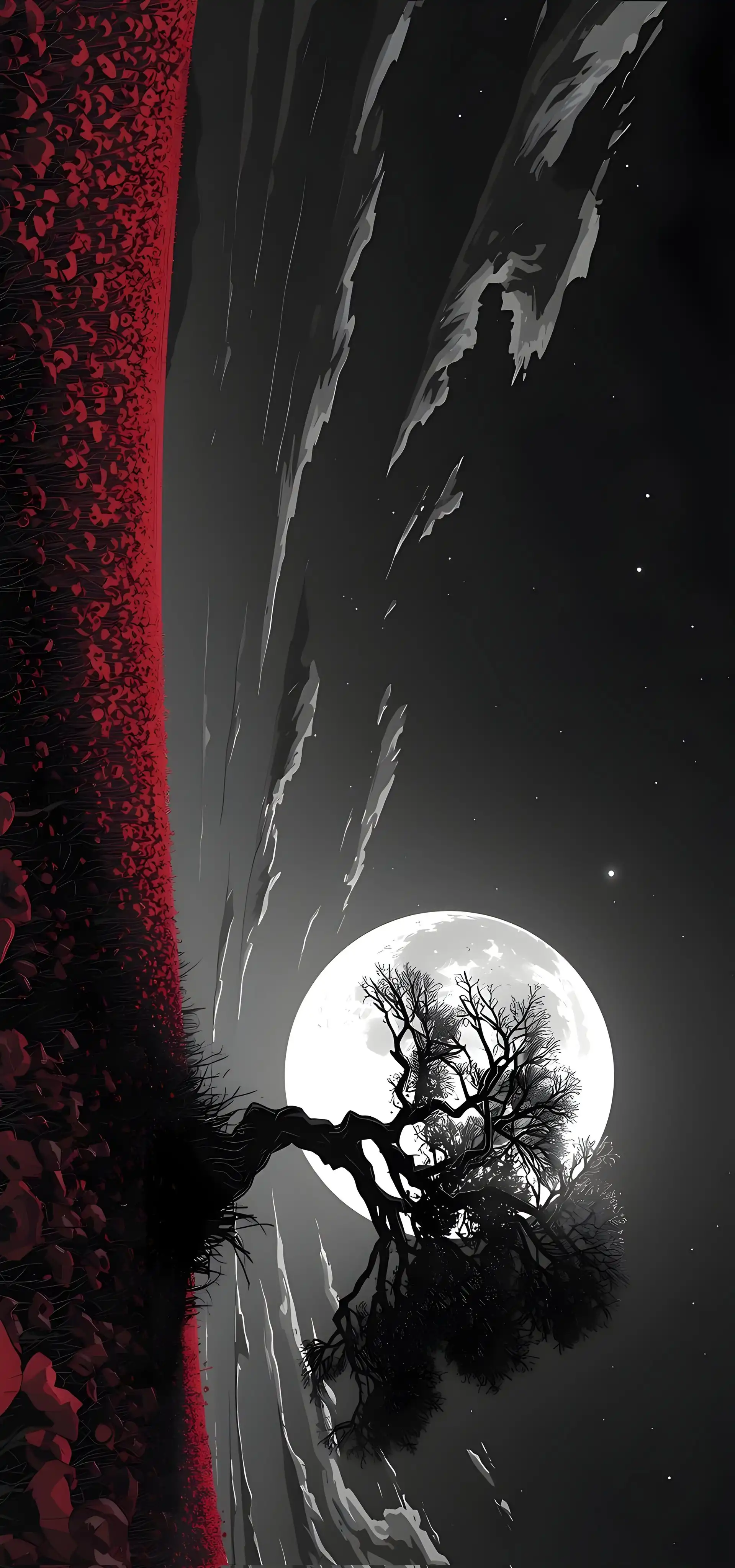 Red Black Twisted Tree Full Moon Night 4K