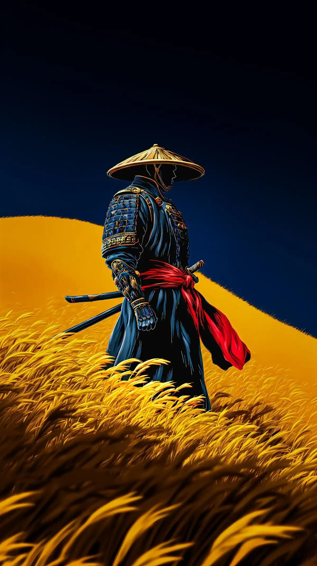 Samurai Armor Golden Field Sunset Silhouette 4K