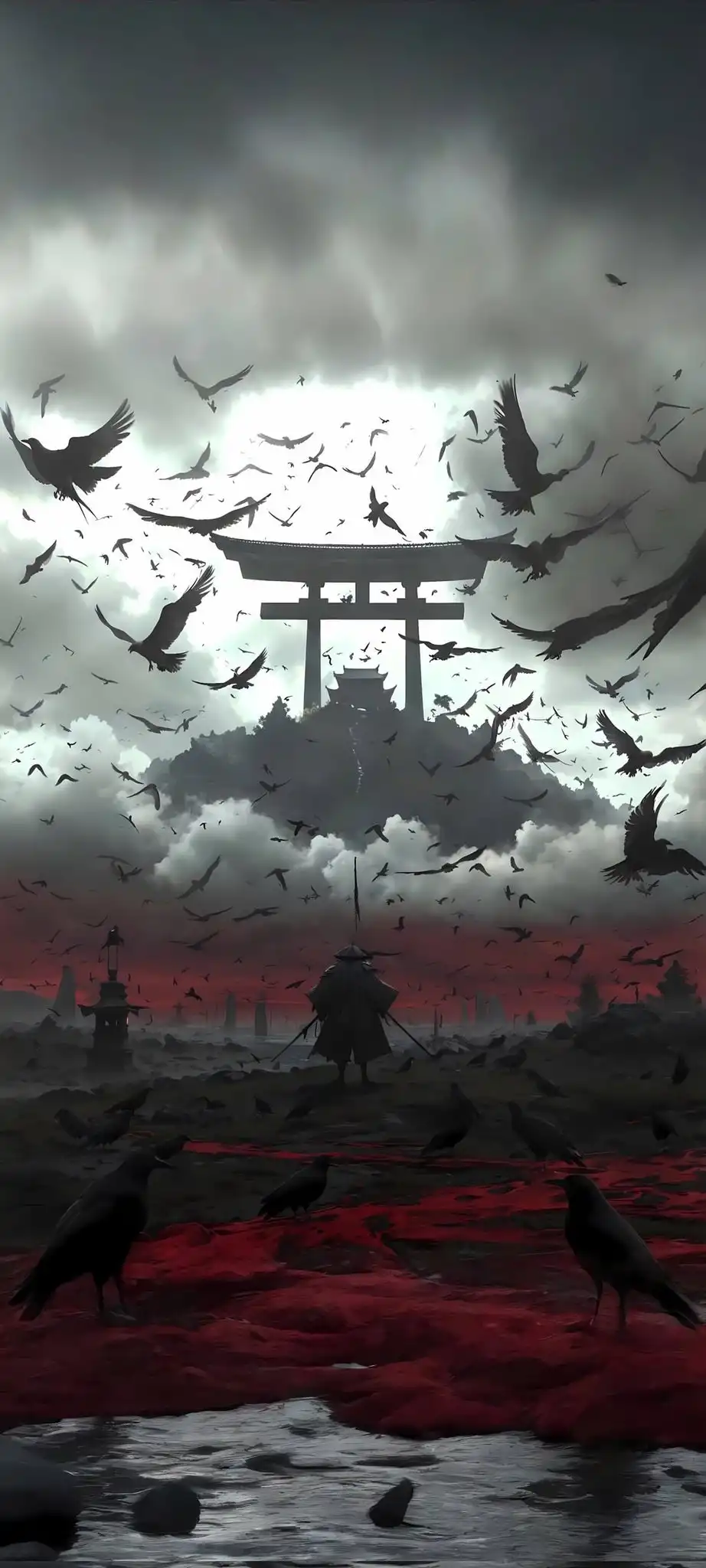 Shadow Ronin Torii Gate Ravens Blood Sky 4K