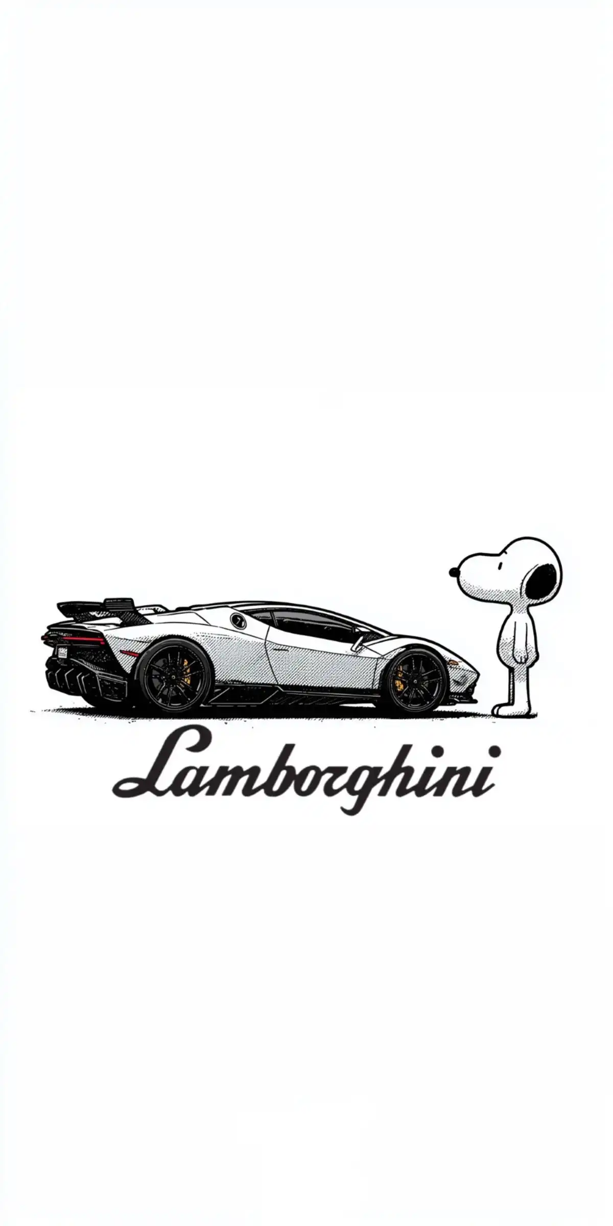 Snoopy Looking at White Lamborghini