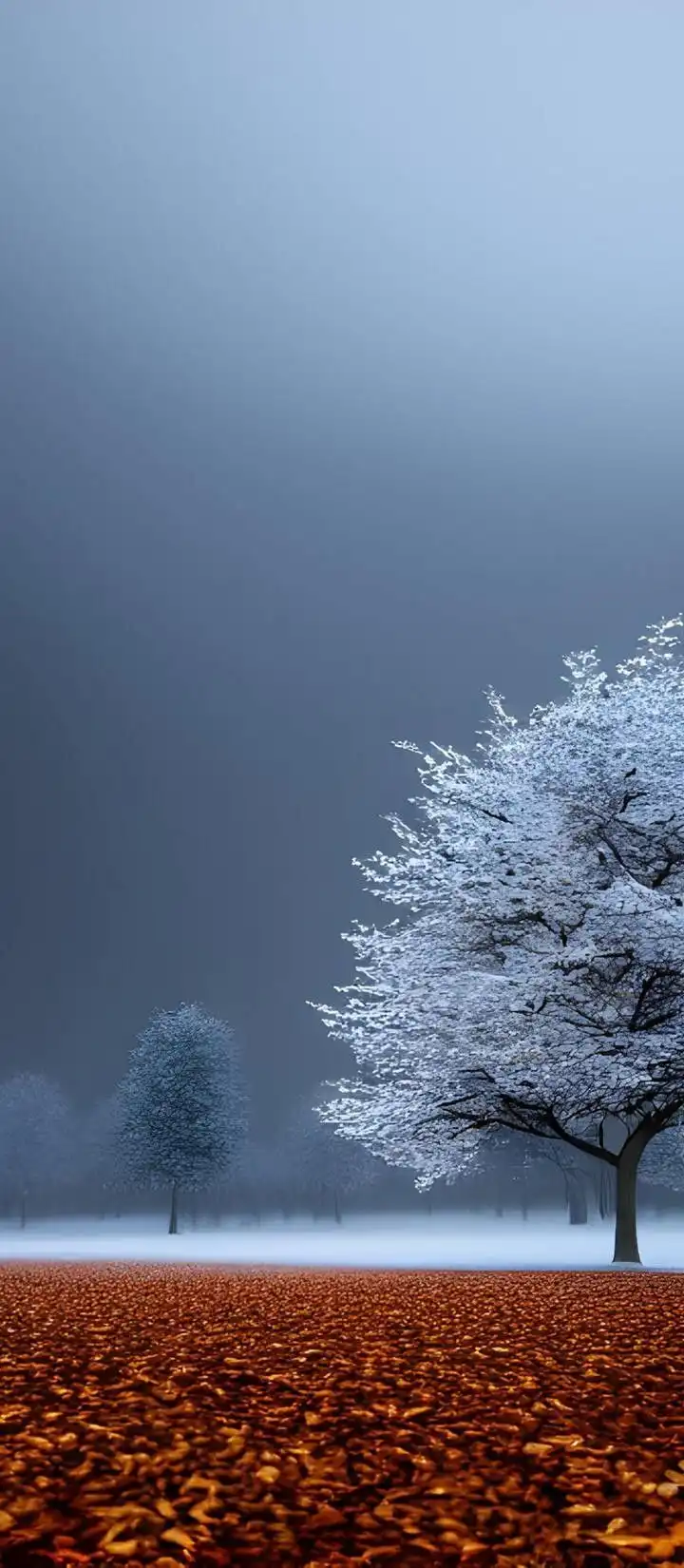 Snowy Tree and Orange Leaves Landscape