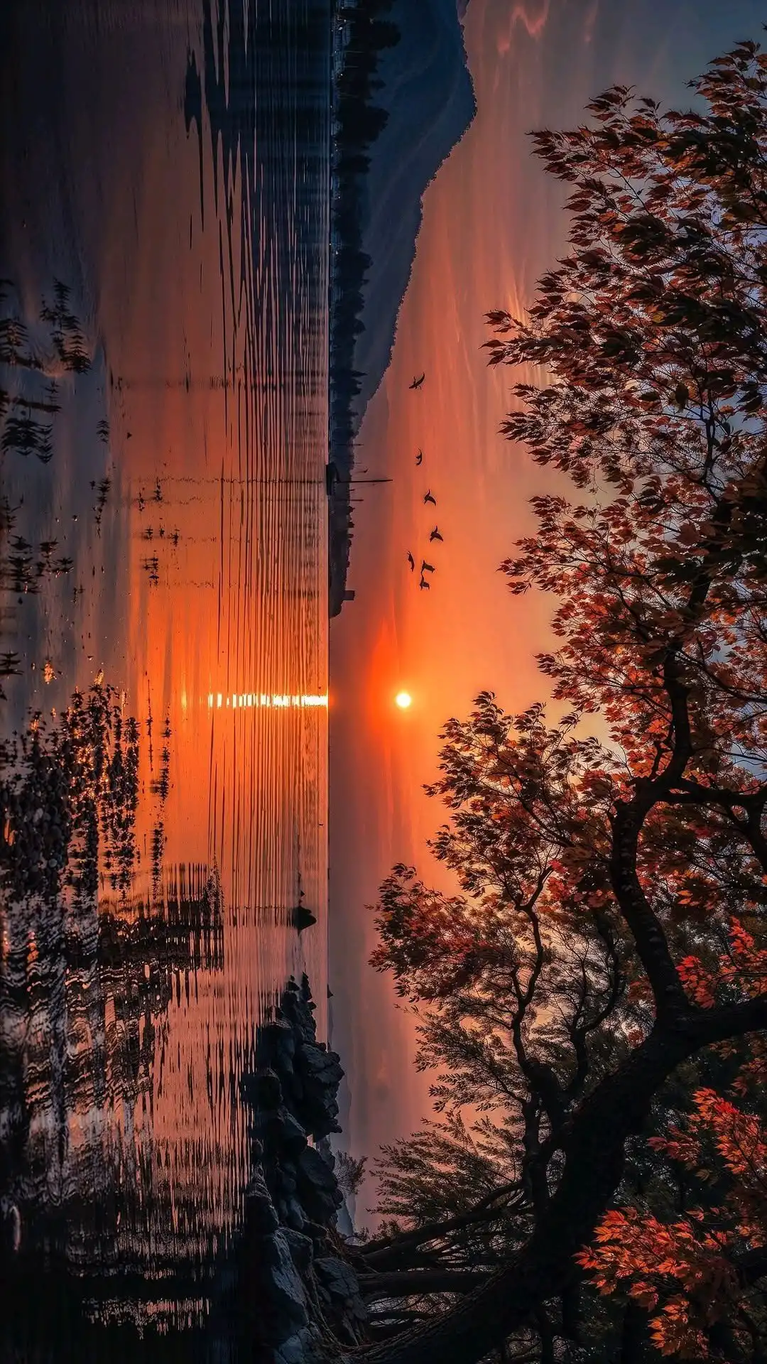 Sunset Reflection Autumn Tree 4K