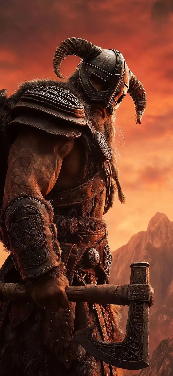 Viking Warrior Horned Helmet Axe Red Sky 4K