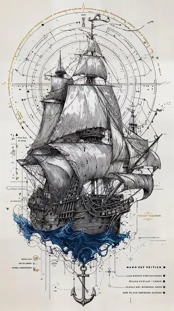 Vintage Sailing Ship Art with Celestial and Ocean Maps