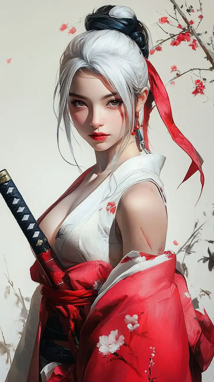 White Hair Female Samurai Cherry Blossom