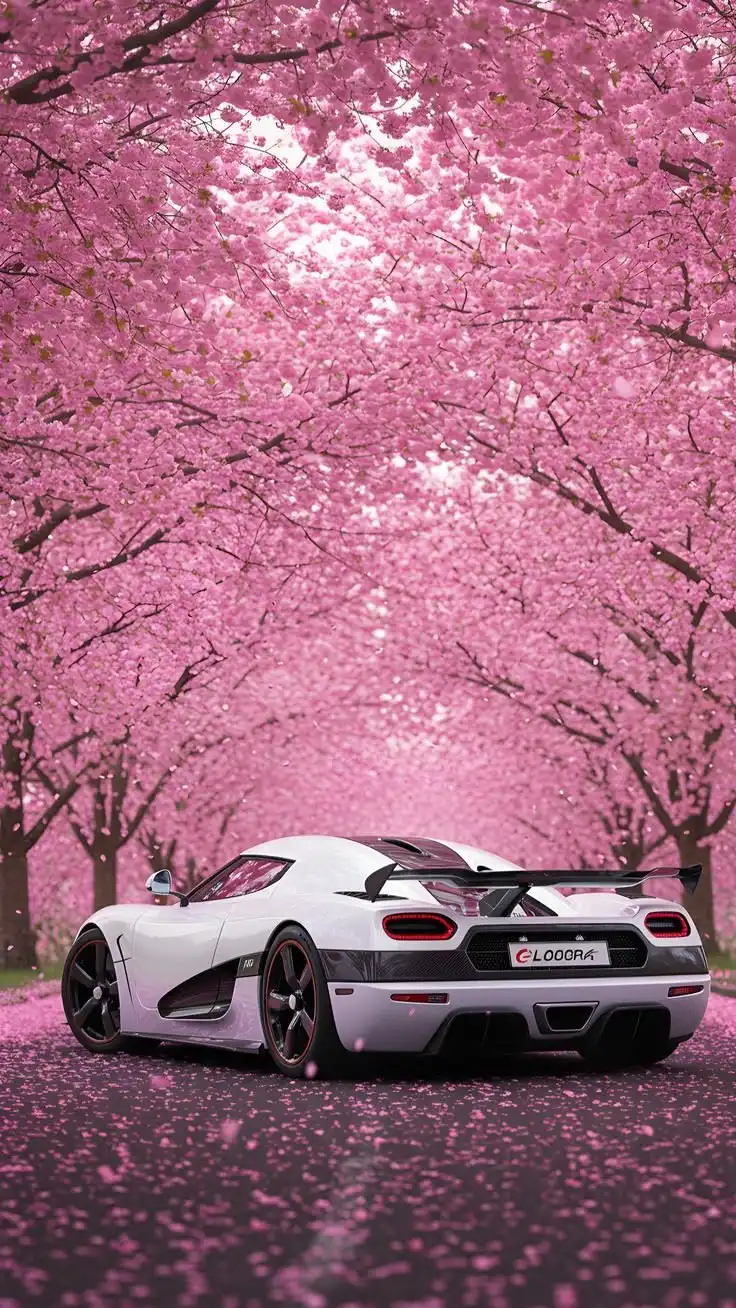 White Supercar Under Pink Cherry Blossoms